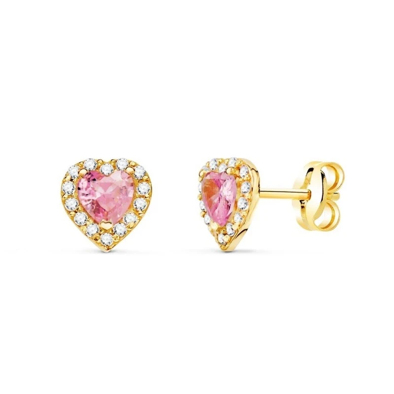 Pendientes Oro 18k mujer 6.5 mm. forma corazón circonita color rosa c