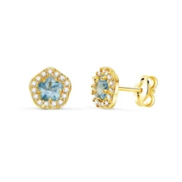 Pendientes Oro 18k mujer 7 mm. forma flor aguamarina centro combinada