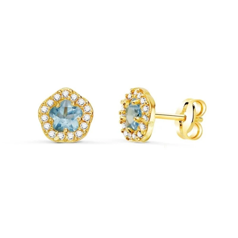 Pendientes Oro 18k mujer 7 mm. forma flor aguamarina centro combinada