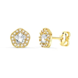 Pendientes Oro 18k mujer 7 mm. forma flor circonita centro combinada