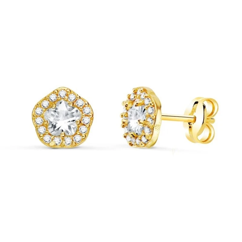 Pendientes Oro 18k mujer 7 mm. forma flor circonita centro combinada