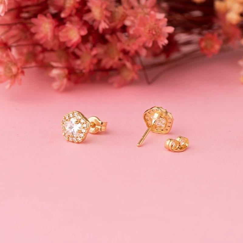 Pendientes Oro 18k mujer 7 mm. forma flor circonita centro combinada