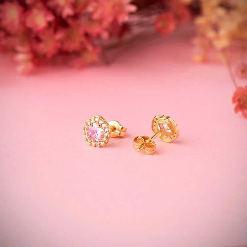 Pendientes Oro 18k mujer 7 mm. forma flor circonita color rosa centro