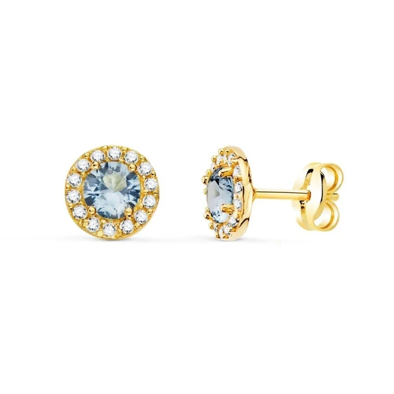 Pendientes Oro 18k mujer 6.5 mm. redondos aguamarina centro combinada