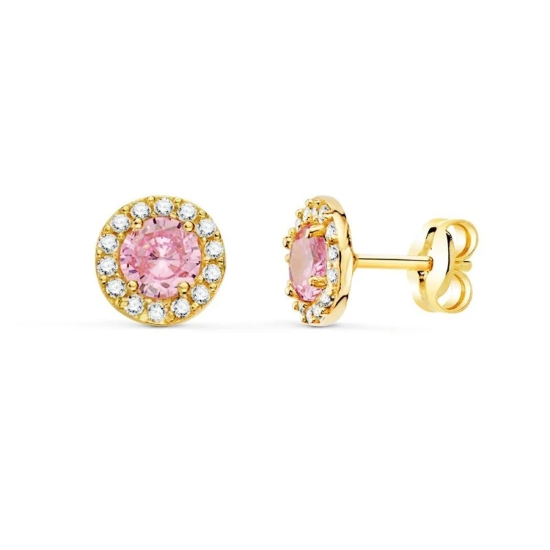 Pendientes Oro 18k mujer 6.5 mm. redondos circonita color rosa centro