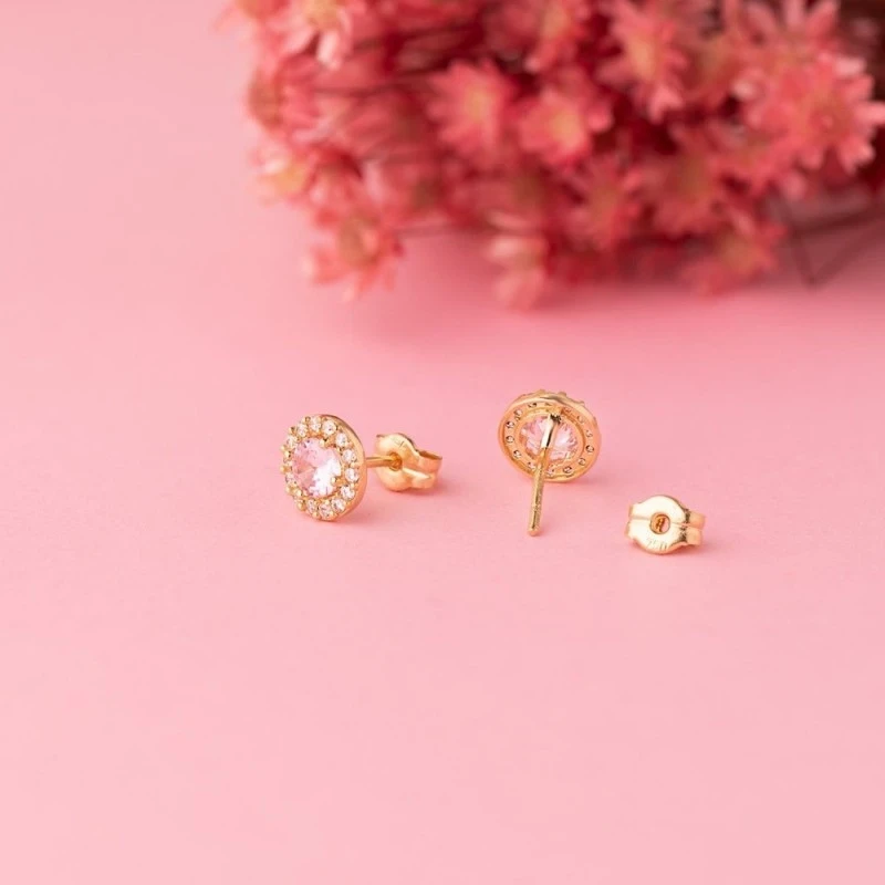 Pendientes Oro 18k mujer 6.5 mm. redondos circonita color rosa centro
