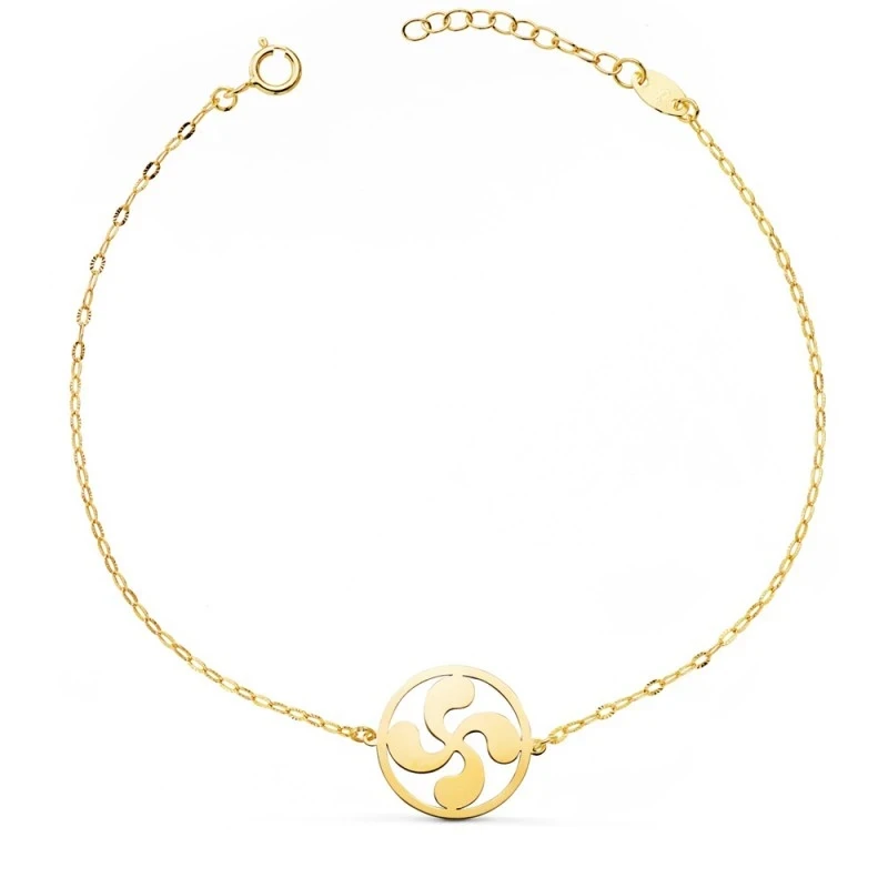 Lauburu Pulsera Oro 18k mujer 17 cm. cadena tallada amuleto  14 mm. c