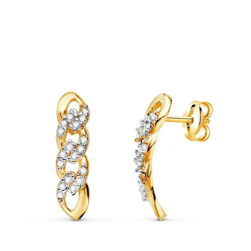 Pendientes Largos Oro Bicolor 18k mujer 16 mm. circonitas eslabones e
