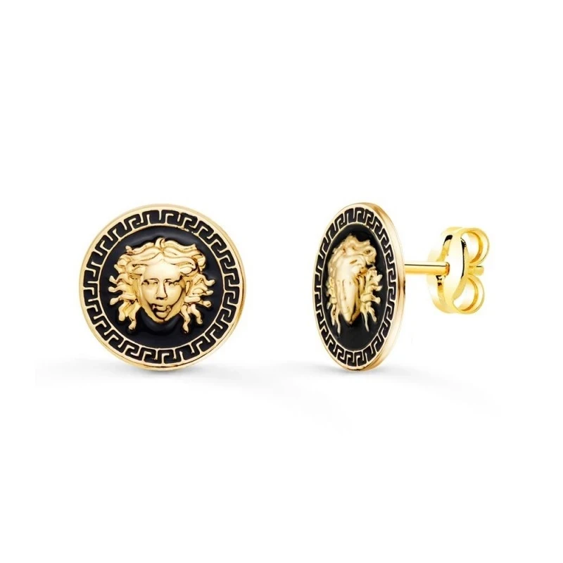 Pendientes Oro 18k mujer 12 mm. medusa detalle greca esmaltados negro