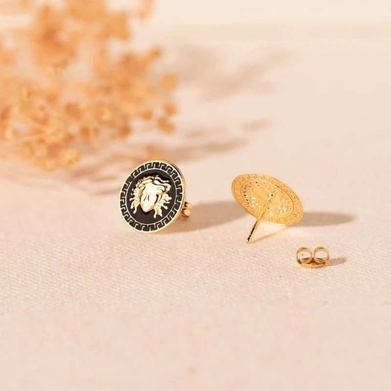 Pendientes Oro 18k mujer 12 mm. medusa detalle greca esmaltados negro