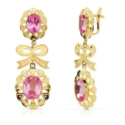 Pendientes Largos Oro 18k mujer 43 mm. cubana lazo piedras rosas oval