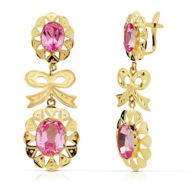 Pendientes Largos Oro 18k mujer 43 mm. cubana lazo piedras rosas oval