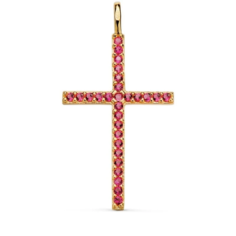Cruz Colgante Oro 18k mujer 37 mm. circonitas color rojo asa fija