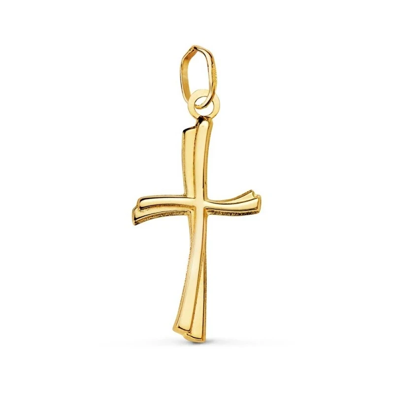 Cruz Colgante Oro 18k mujer 21 mm. hueca lisa brillo forma ondulada