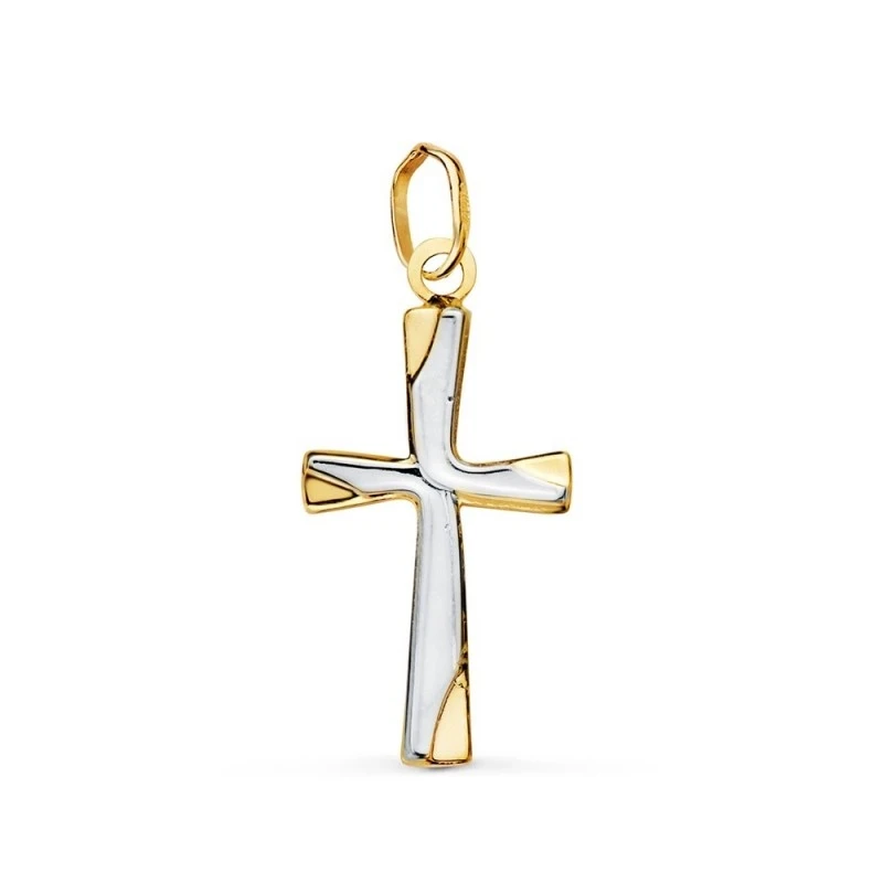 Cruz Colgante Oro Bicolor 18k mujer 21 mm. hueca lisa brillo