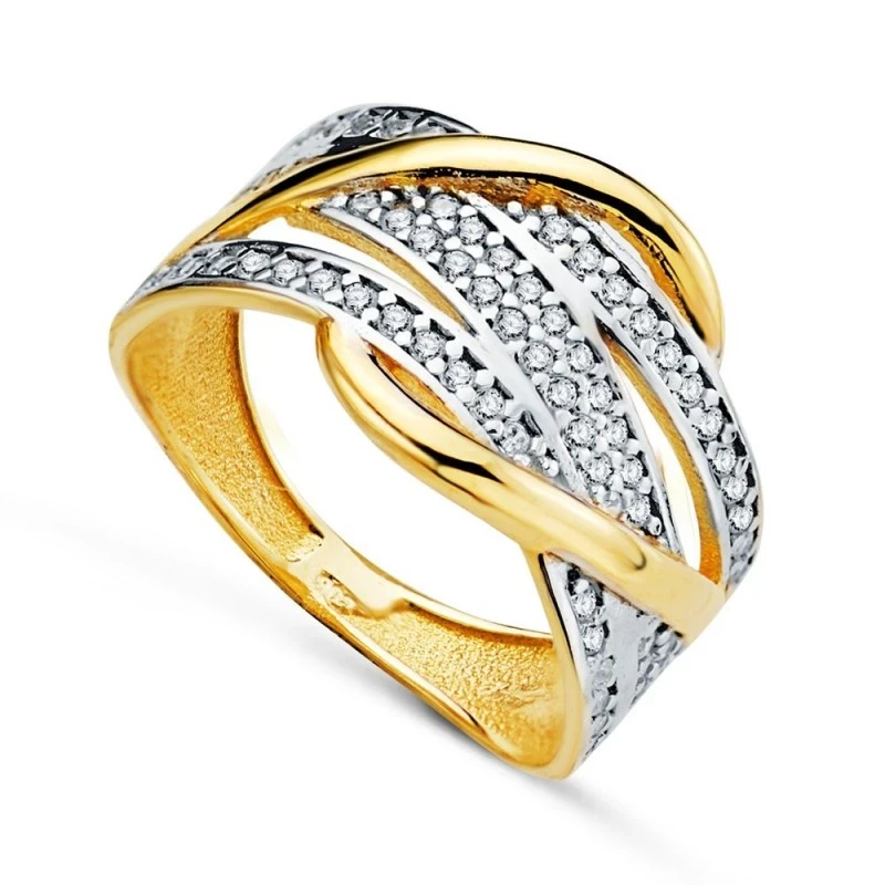 Sortija Oro Bicolor 18k mujer dos bandas circonitas detalle ondas anc