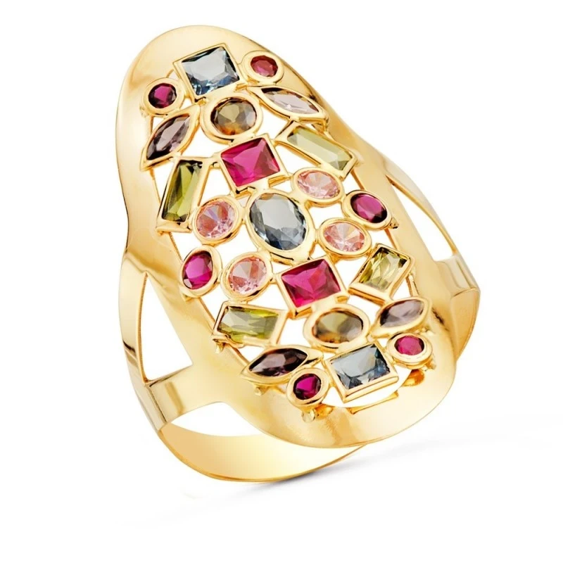 Sortija Oro 18k mujer cabeza ovalada detalle circonitas colores tamañ