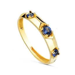 Sortija Oro 18k mujer tres circonitas color azul garras ancho cuerpo