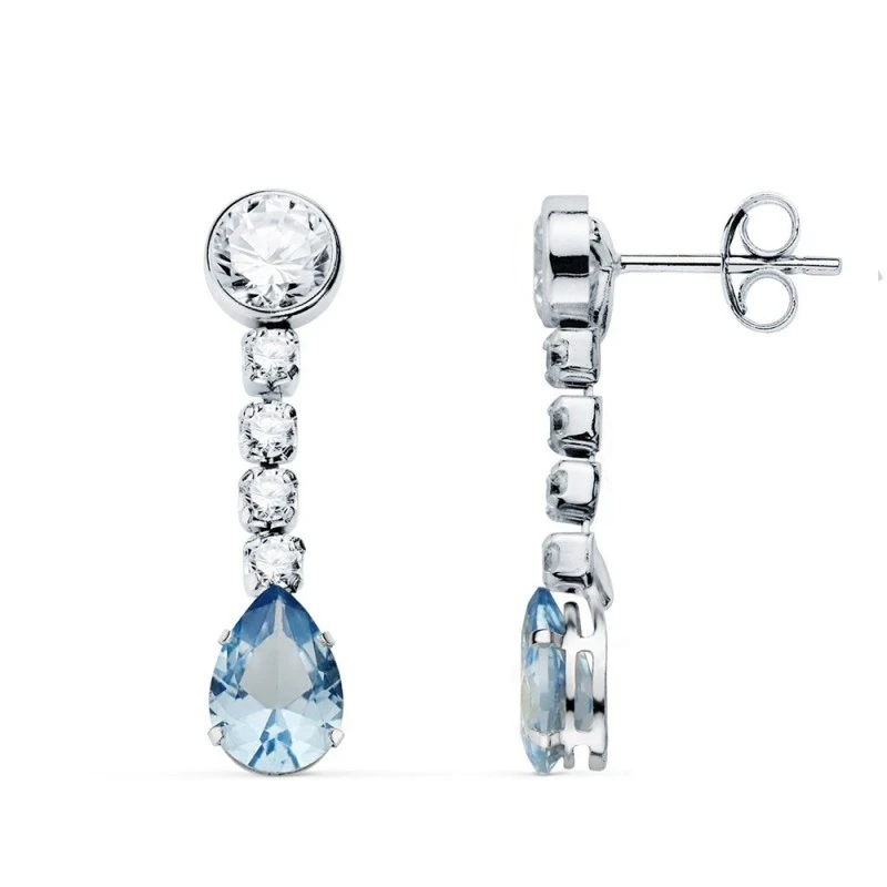 Pendientes Largos Oro Blanco 18k mujer 22 mm. aguamarina forma gota c