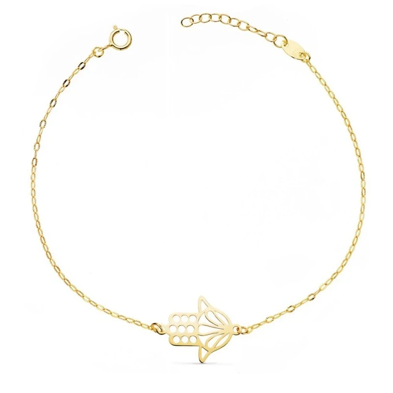 Mano Fátima Pulsera Oro 18k mujer 18 cm. amuleto calado 17 x 14 mm.
