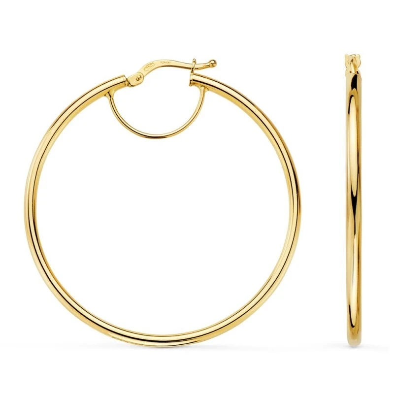 Aros Pendientes Oro 18k mujer 43 mm. redondos lisos ancho 2 mm.