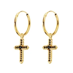 Aros Pendientes Oro 18k mujer 31 mm. cruz colgante circonitas negras