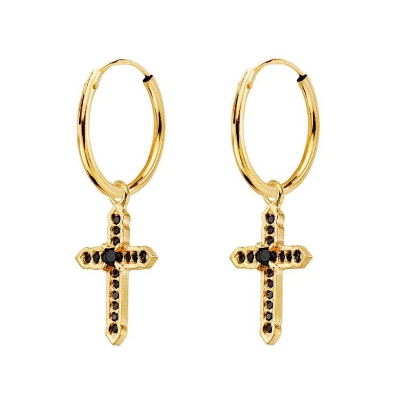 Aros Pendientes Oro 18k mujer 31 mm. cruz colgante circonitas negras