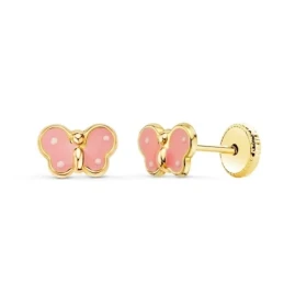 Pendientes Oro 18k niña 7 mm. forma mariposa esmaltados rosa