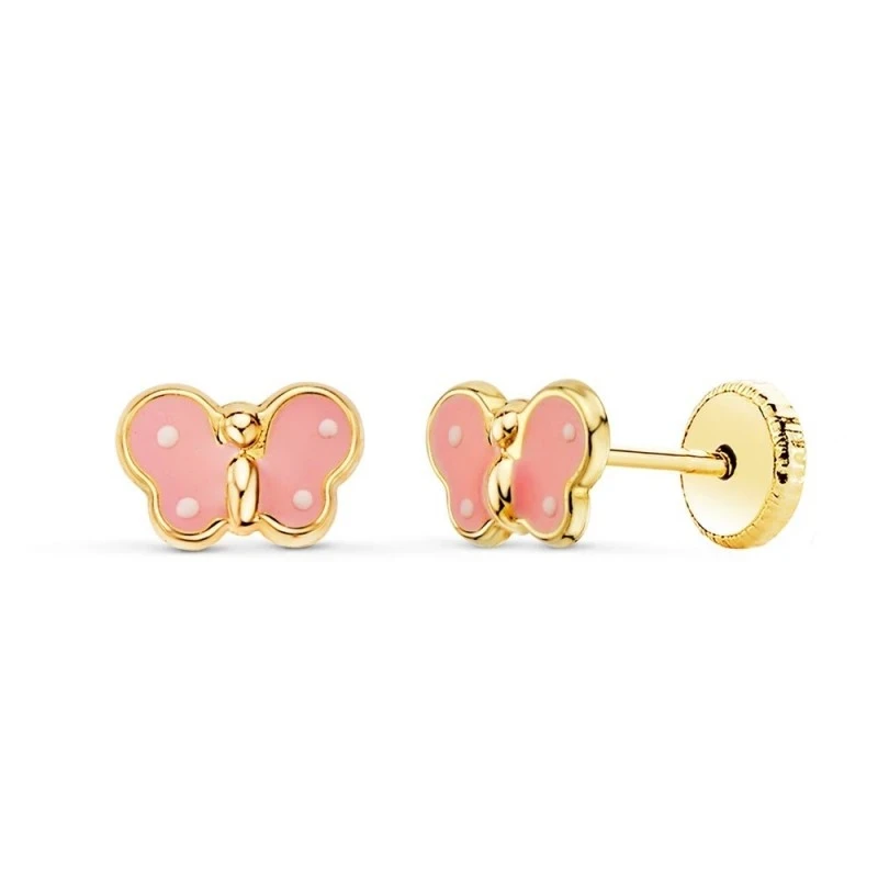 Pendientes Oro 18k niña 7 mm. forma mariposa esmaltados rosa