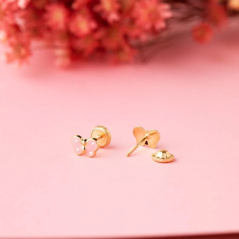 Pendientes Oro 18k niña 7 mm. forma mariposa esmaltados rosa