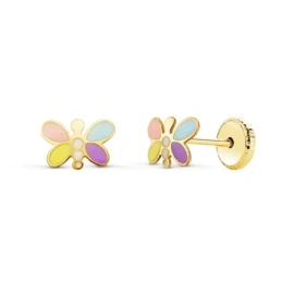 Pendientes Oro 18k niña 7 mm. forma libelula esmaltada colores combin