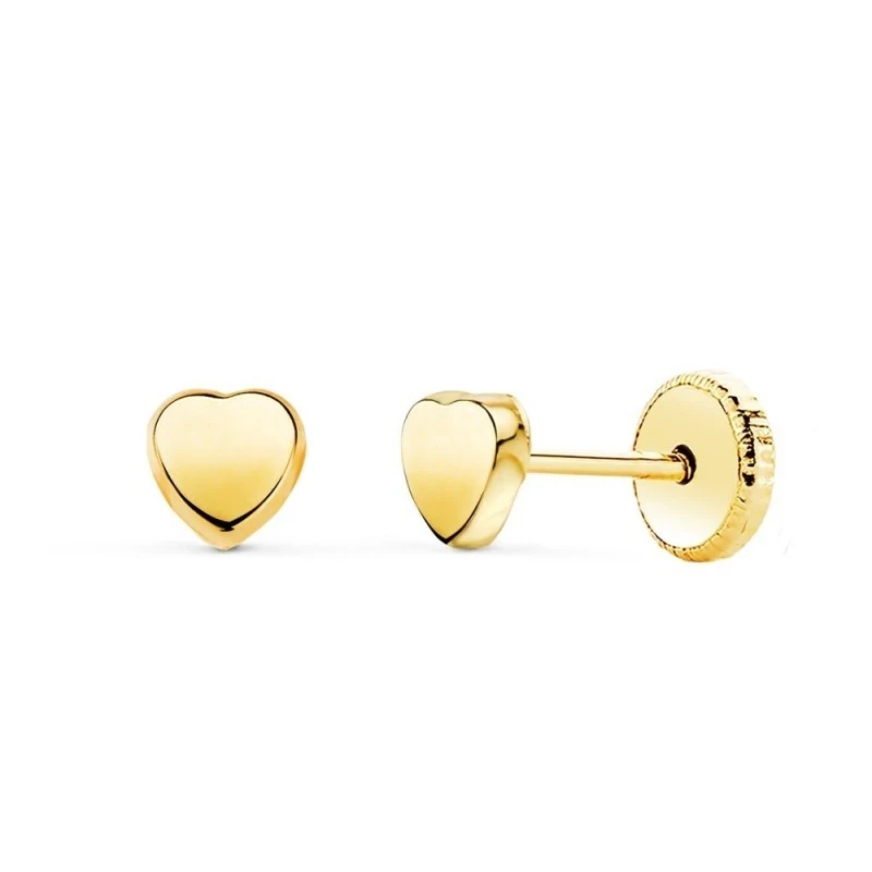 Pendientes Oro 18k niña 4 mm. forma corazón liso brillo