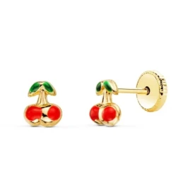 Pendientes Oro 18k niña 5 mm. cerezas esmaltadas color