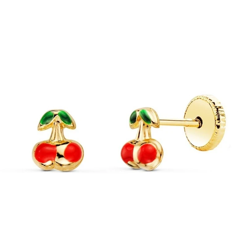 Pendientes Oro 18k niña 5 mm. cerezas esmaltadas color