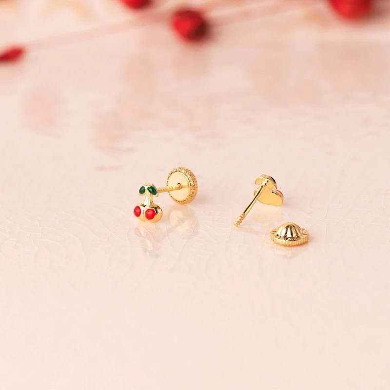 Pendientes Oro 18k niña 5 mm. cerezas esmaltadas color