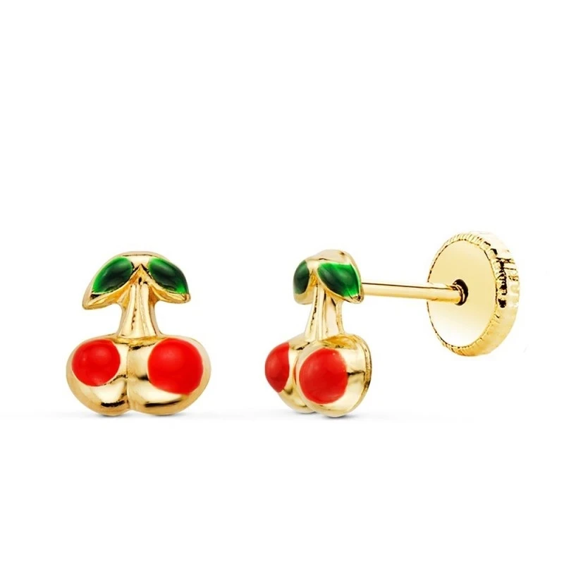 Pendientes Oro 18k niña 6 mm. cerezas color esmaltadas