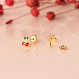 Pendientes Oro 18k niña 6 mm. cerezas color esmaltadas