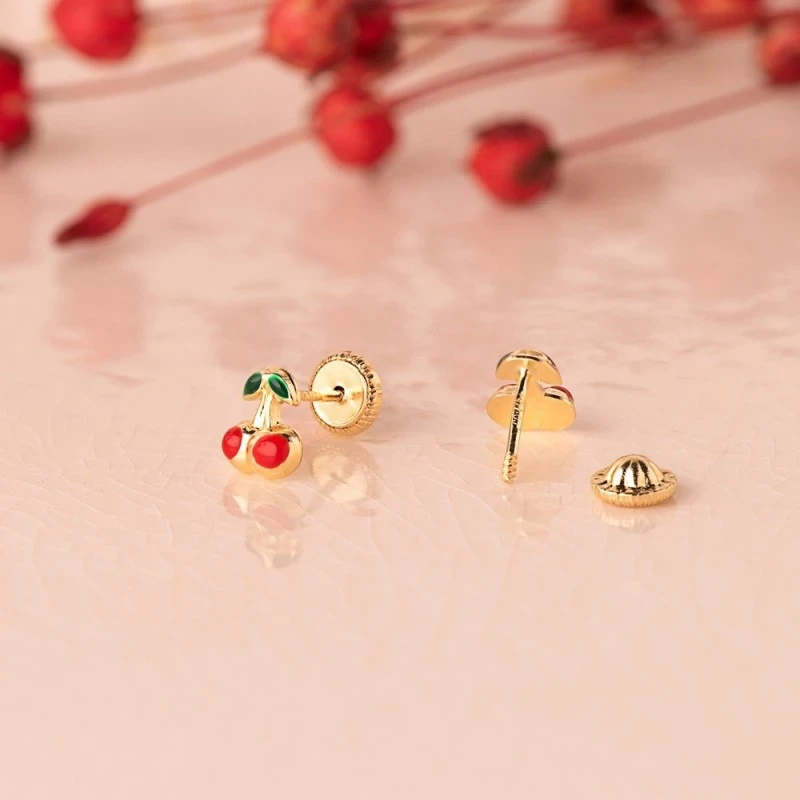 Pendientes Oro 18k niña 6 mm. cerezas color esmaltadas