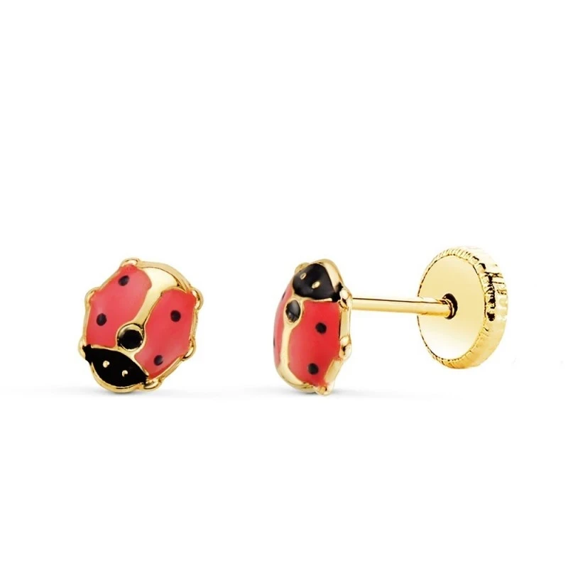 Pendientes Oro 18k niña 5 mm. mariquita esmaltada color rosa