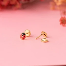 Pendientes Oro 18k niña 5 mm. mariquita esmaltada color rosa