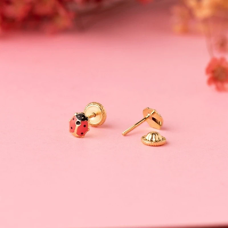 Pendientes Oro 18k niña 5 mm. mariquita esmaltada color rosa