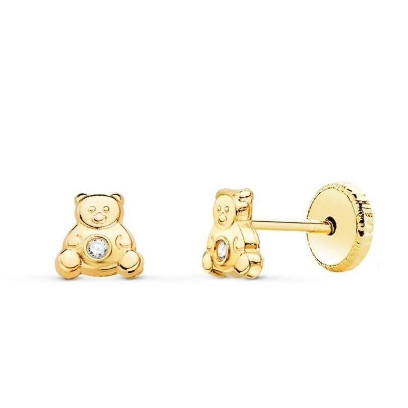 Pendientes Oro 18k niña 4.5 mm. oso detalle circonita
