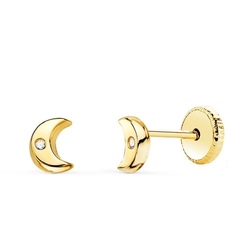 Pendientes Oro 18k niña 5 mm. forma luna lisa circonita