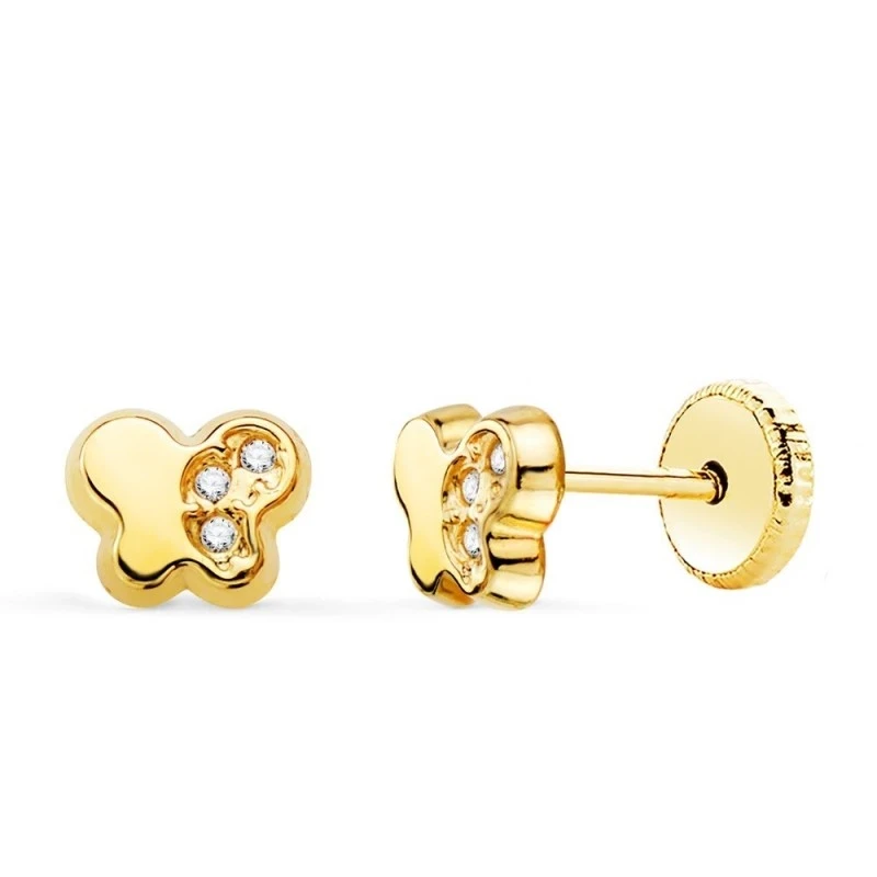 Pendientes Oro 18k niña 5.5 mm. forma mariposa circonitas combinada l