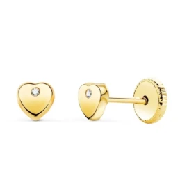 Pendientes Oro 18k niña 4 mm. corazón liso detalle circonita