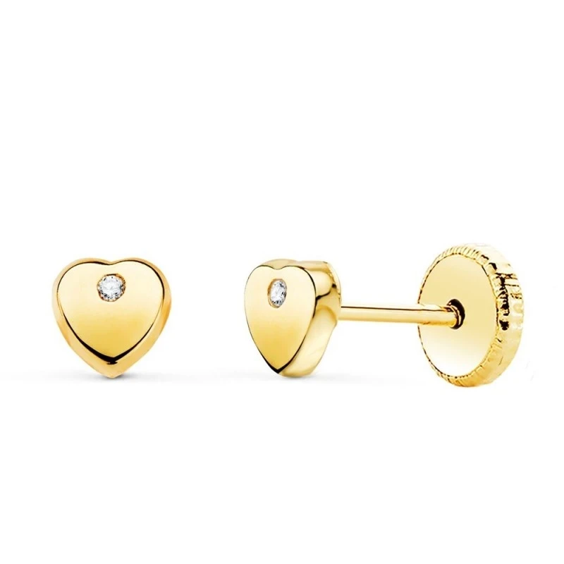 Pendientes Oro 18k niña 4 mm. corazón liso detalle circonita