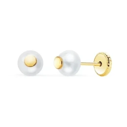 Pendientes Oro 18k niña 5 mm. perla lisa detalle redondo centro