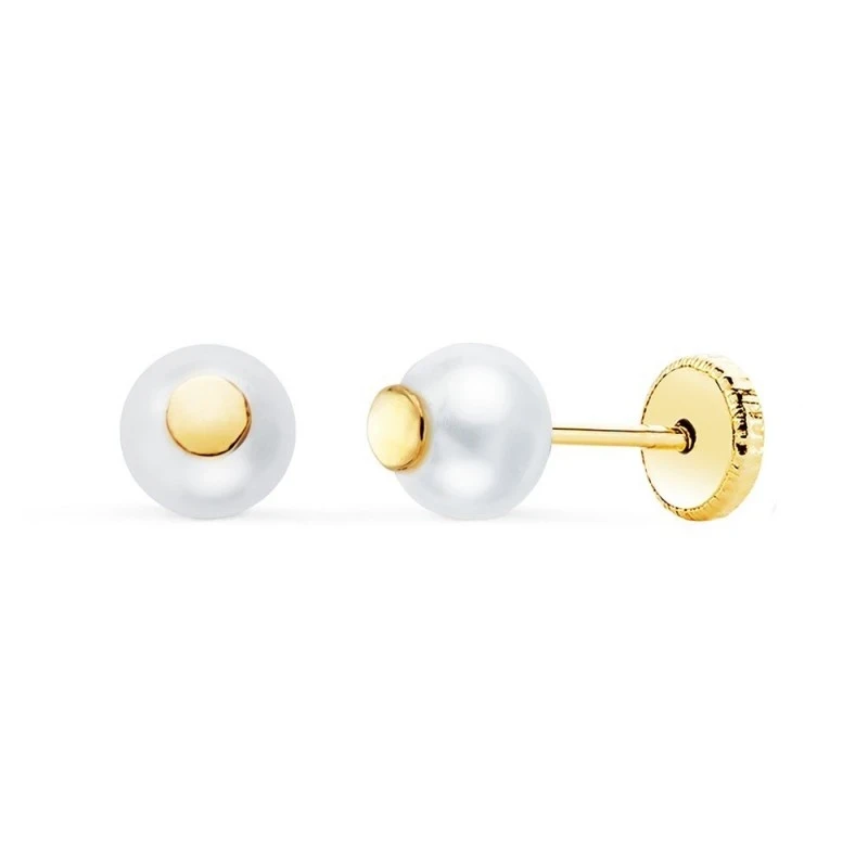 Pendientes Oro 18k niña 5 mm. perla lisa detalle redondo centro