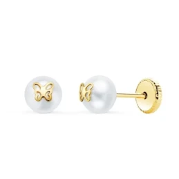 Pendientes Oro 18k niña 5 mm. perla lisa detalle mariposa centro