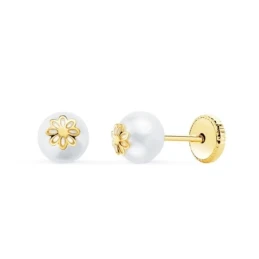 Pendientes Oro 18k niña 5 mm. perla lisa detalle margarita centro